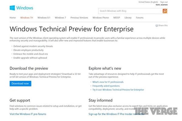Win9技術(shù)預(yù)覽版網(wǎng)站意外出現(xiàn)，暫用名Windows TH